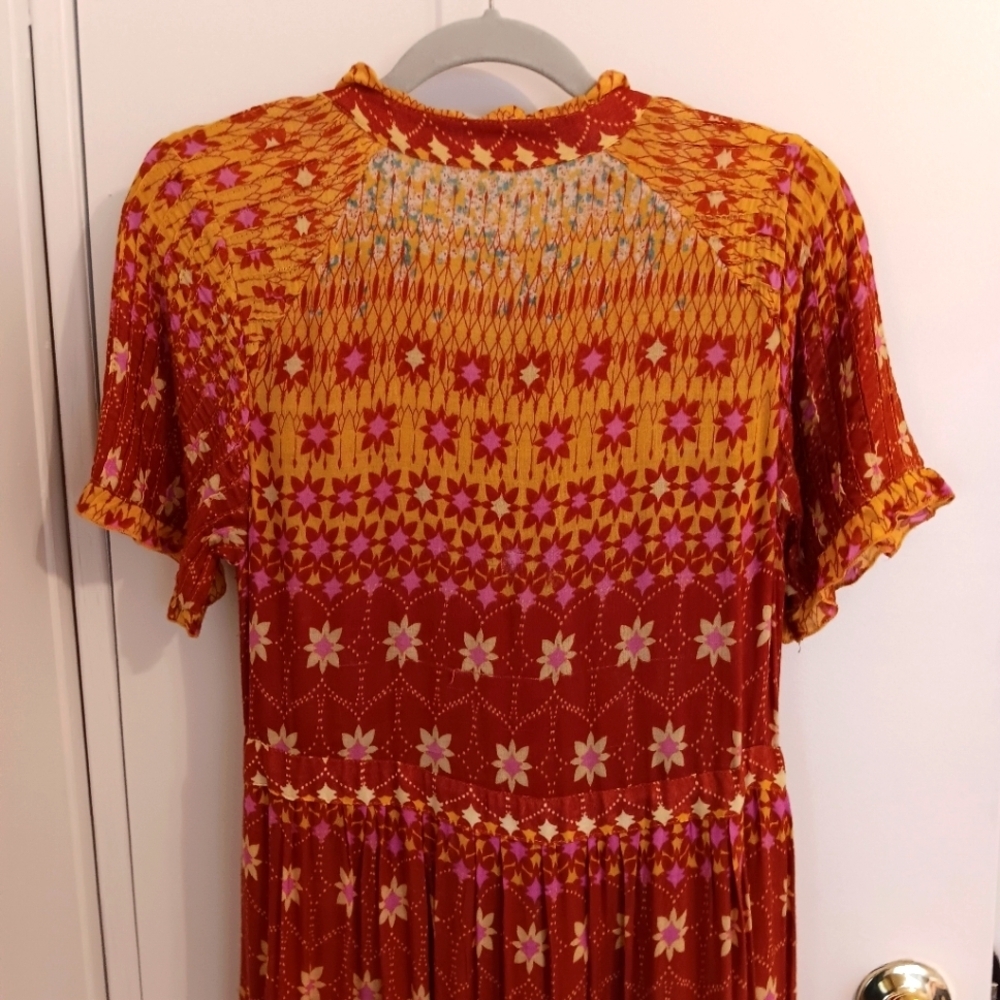 Free People Floral Rare Feelings Maxi Dress Orange & Fuchsia Boho Print Gauze - Picture 11 of 13